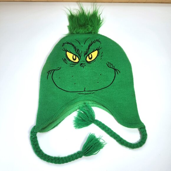The Grinch Beanie Hat Green Knit Fleece Lined Braids Unisex One Size Dr Seuss - Picture 7 of 12